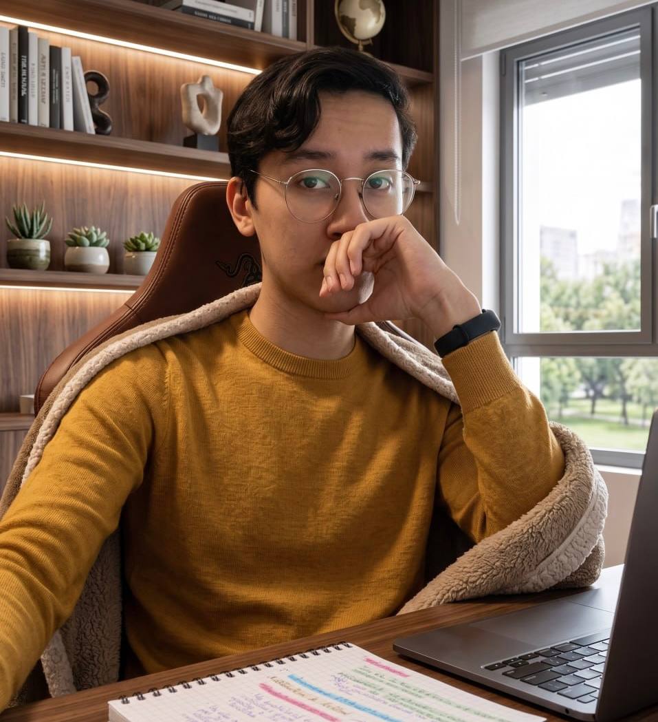 Renzo Ramos, Técnico Superior en DAM y Junior AI Engineer, trabajando en su escritorio